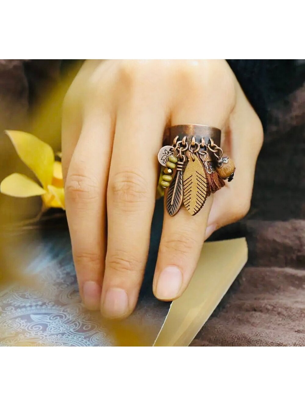 New - Vintage inspired - Floral Wood Beaded Tassel Open Ring - OS